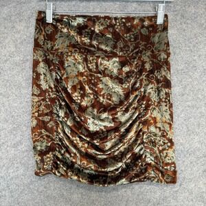Free People Floral Velvet‎ Mini Skirt Medium Rust Ruched Velour Pull On Stretch